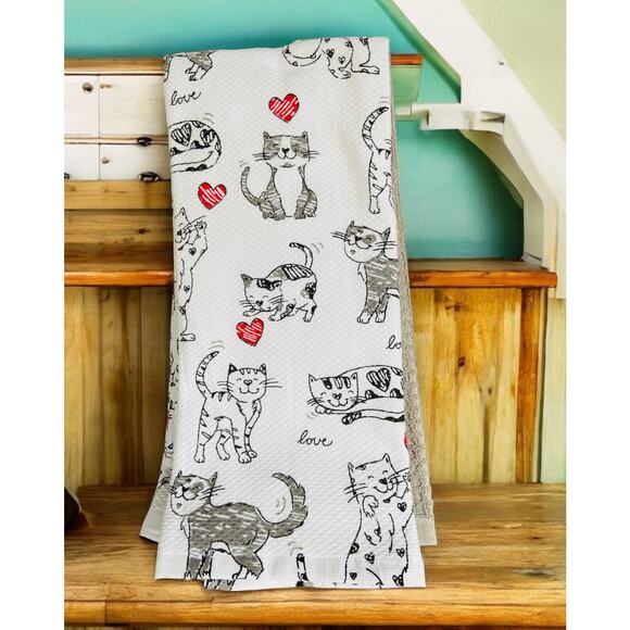 NWT Casaba Valentine Love Black White Cat Kitten Cats Kitchen 3 Piece Towel Set - Picture 2 of 3